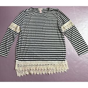 Toffee‎ Apple Women's Striped Lace Trim Blouse Black Long Sleeve M